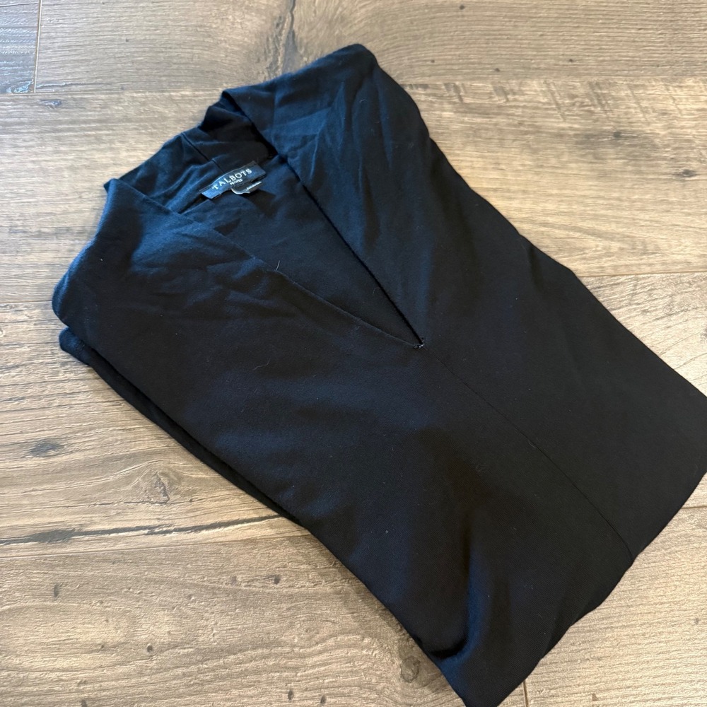 Talbots Petites Black Long Sleeve Split V-Neck Knit Top Size MP Rayon Spandex